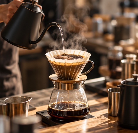 ハンドドリップでコーヒーを淹れる手元