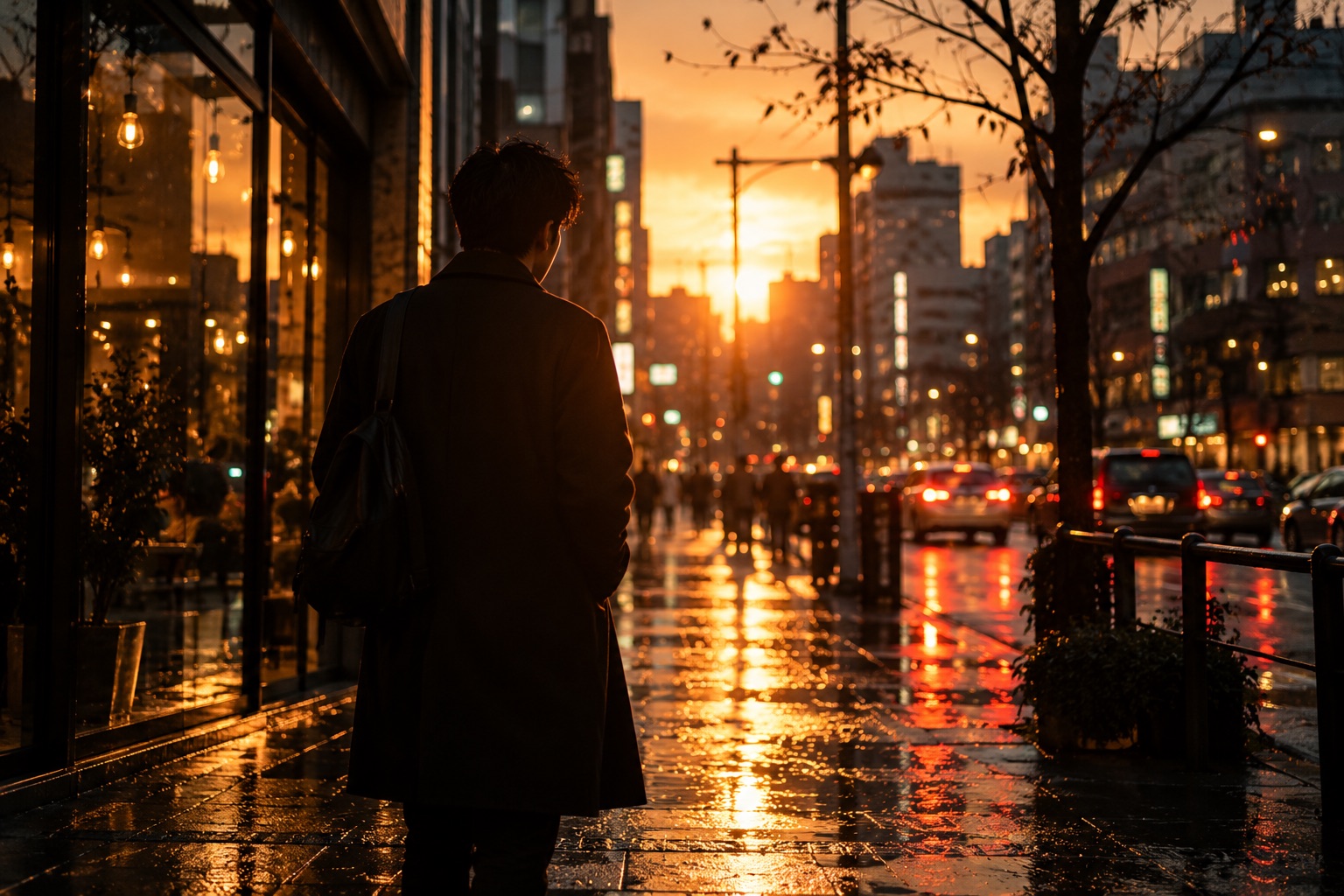 夕暮れの街に立つ人の後ろ姿
